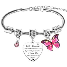Ghloyza To My Daughter Charm Bracelet Gifts I Love Gifts for Daughter Christmas Birthday Gifts from Mum Dad Heart Rhinestones Butterfly Bracelets for Daughter Butterflies Stuff Jewellery Gifts