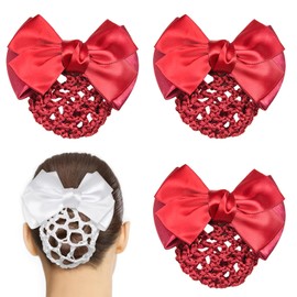 4 Pcs Women Hair Snood Net Bowknot, Red Hair Clip Bun Cover Ribbon for Lady, Dancing, Work and Daily Use