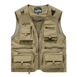 Oulivey Men's Lightweight Mesh Fishing Vest Utility Outdoor Multi-Pocket Hunting Cargo Vest(0309-Khaki-L)