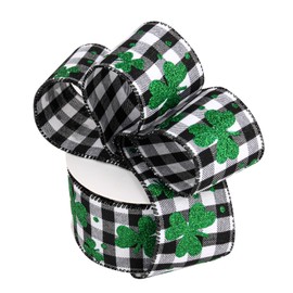 St Patrick's Day Ribbon,2.5 in X10 Yards Wired Ribbon for St Patrick's Day Festival Party Decor Wreath Wrapping Decoration (Plaid Shamrock)