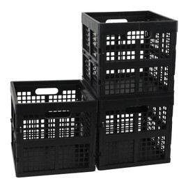 Aninhao 18 Quart Square Folding Milk Crate, 3 Pack Black Stackable Storage Crate, Plastic Basket for Organizing