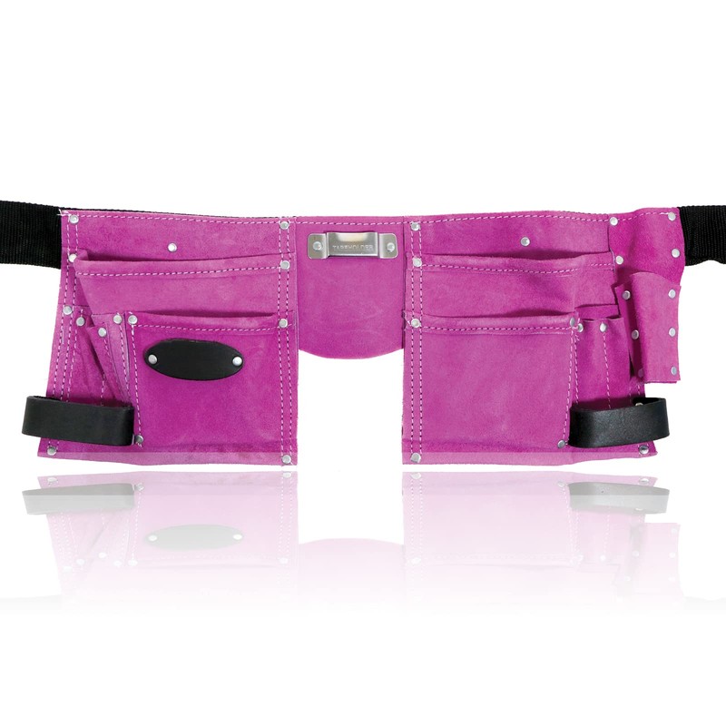 SPARES2GO Gardening Tool Belt Pink Double Leather 11 Pouch Purple