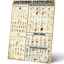 Homely Accents Bartender Knowledge Metal Signs, Cocktail Lover's Retro Wall Decor Poster Tin Signs for Home Bar Man Cave Shots Menu Bar Glasses Guide 12x16 Inches
