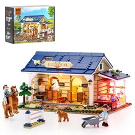 FUNWHOLE Farm Horse-Stable Lighting-Building-Bricks Set - Farm Life Horse Animals Cabin Collection LED Light Cottage Model Display Set 973 Pcs for Adults and Teen