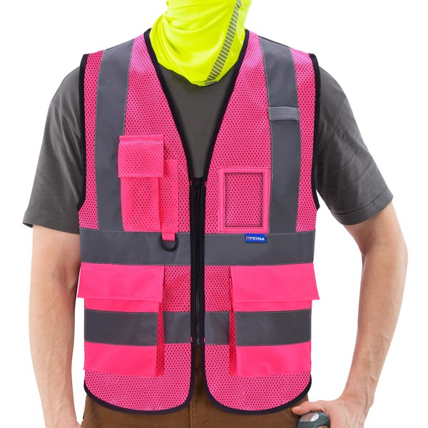 A-SAFETY High Visibility Mesh Safety Reflective Vest with Pockets and Zipper,Hi Viz Work Vest for Men Women (Pink Mesh 6XL-8XL)