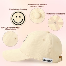 White Womens Baseball Caps Adjustable Smiley Face Hat Vintage Embroidered Baseball Hat for Men Women Cute Trendy Design for Golf Tennis