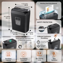 Bonsaii Paper Shredder for Home Office, 6-Sheet Cross-Cut, Shreds Paper, Credit Cards, Mail, Staples & Clips, 3.4-Gallon Clear Bin with Handle