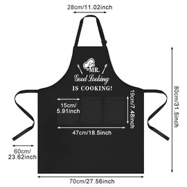 Pixaro Men's Cooking Apron - Men's Apron Adjustable Apron Black Kitchen Apron with Three Pockets for Birthday Gift Father's Day, black