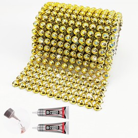 Yhsheen Gold Rhinestone Ribbon,1/2 Yard Rhinestone Mesh Fabric with B7000 Glue,Bling Ribbon Wrap Roll for Crafts Wedding Birthday Party