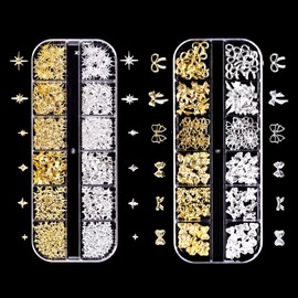 3D Nail Charms 2Boxes - TRACOMPAN 24Grid Metal Alloy Bow Star Gems for Nail Art Designs | Punk Rivet Stickers & Nail Studs Accessories for Nail Art Design DIY Crafts(Gold/Silver)