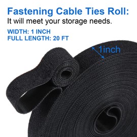 OneLeaf Hook and Loop Roll Reusable Fastening Cable Ties, 20ft x 1inch Black Heavy Duty Cord Organizer Straps, Free Cutting Multi-Purpose Cable Management Tape for Home and Office