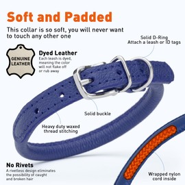 Dogline Soft and Padded Rolled Round Leather Collar for Dogs W1/4" - L10"-13", Blue