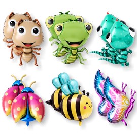 Soulchen 12 Pcs Bug Insect Animal Foil Balloons Set Bee, Ladybug, Ant, Mantis, Butterfly Gecko Cartoon Balloons Decorations for Bug Themed Birthday Cute Party Shower Garden Spring Picnic Summer Event