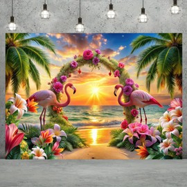 7x5ft Flamingo Tropical Wedding Backdrop – Flower Arch Photo Background for Summer Birthday Party, Portrait Photography, Wedding Banner, Tropical Theme Decoration 080