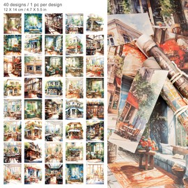 2 Packs Scrapbook Paper Street Natural Scenery Decoupage Background Paper Vintage Watercolor Style Collage Paper with Sticky Pearl for Journal Planner Card Making Crafting Collaging Wrapping (Alva)