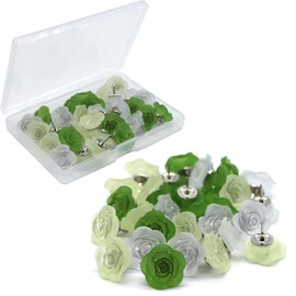 Flower Push Pins 30 Pcs Cute Rose Decorative Push Pins for Cork Board Clear Green Floral Thumb Tacks for Wall Bulletin Board Travel Map or Photo Floret Tacks Home Office Supplies Accessories