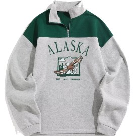 Men's Letters Embroidered Raglan Sleeve Quarter Zip Fleece Vintage Pullover SweatshirtColor: Silver, Size: M