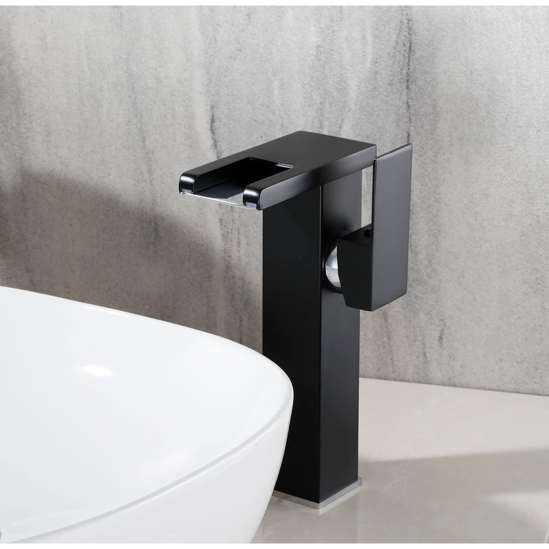 Black Bathroom Vessel Faucet Led Light 3 Color Changing Waterfall