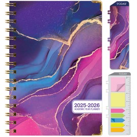 HARDCOVER Academic Year 2025-2026 Planner: (June 2025 Through July 2026) 5.5"x8" Daily Weekly Monthly Planner Yearly Agenda. Bookmark, Pocket Folder and Sticky Note Set (Pink Purple Marble)