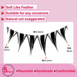 LASGOOS Pestañas Postizas Manga, Tiras Cruzadas Transparentes De 10-12 Mm, Naturales, Gruesas Y Rizadas, Ideales Para Cosplay, Bodas, Fiestas, Trabajo, Maquillaje De Ojos, 5 Pares (L15)