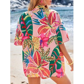 SOLY HUX Women's Summer 2 Piece Outfits Tropical Print Open Front Half Sleeve Kimono and Shorts Set Multicoloured Tropical Small