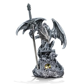 FLJZCZM Medieval Silver Dragon with Sword Figurine Dragon Holding Draconian Sword Letter Opener Sculpture Statue Home Decor, 7.68''H