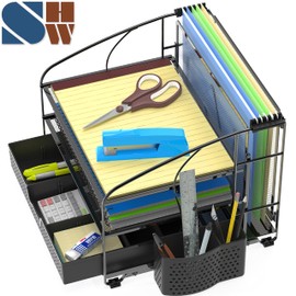 Simple Houseware 3-Tier Desk Organizer with Sliding Drawer, Hanging File Holder and Pen Holder Accessory, Black