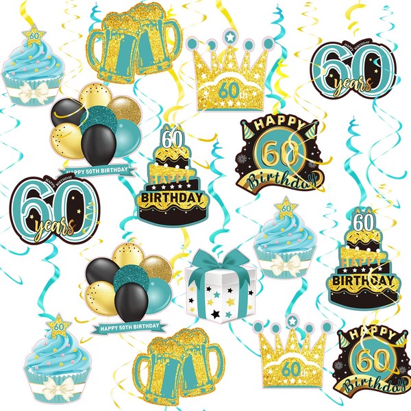 60th Birthday Decorations for Women Teal Gold/60 Birthday Party Supplies Woman Happy 60th Birthday Decorations 30pcs Foil Hanging Swirls 60th Birthday Party