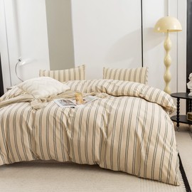 ECOCOTT Duvet Cover Queen Size - Linen Feel Textured Organic Natural 100% Washed Cotton, Reversible Striped Bedding Set with Zipper Closure, Dark Green