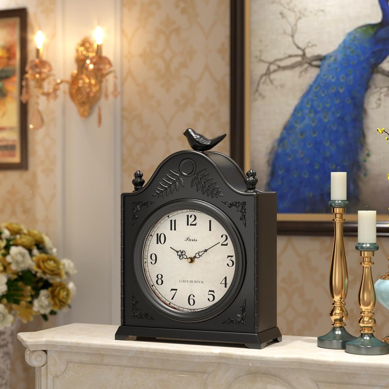 ChimeTide Vintage Bird Mantel Clock with Hidden Safe, Antique Black