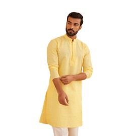 Sojanya (Since 1958 Men'S Pure Cotton Yellow Chikankari Only Long Kurta