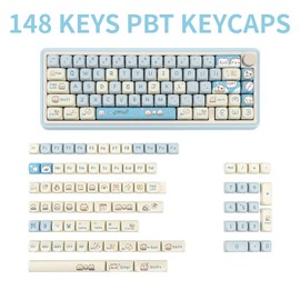 COOMICKEY MOA Keycaps, PBT Keycaps, 148 Keys Blue White Cute Custom Gaming Keycap Set Dye Sublimation for ANSI Layouts Cherry Gateron MX Switches Mechanical Keyboard（Blue Cat）