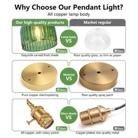 iYoee Vintage Pendant Lights for Kitchen Island Green Striped Glass Pendant Lighting Bedroom Brass Pendant Light Farmhouse Hanging Light fixtures with Glass Shade for Dining Room Bedroom