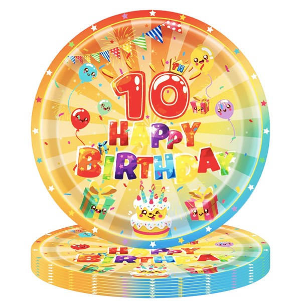 16Pcs Colorful 10th Birthday Party Paper Plates 7 inch, Disposable 10th Paper Tableware for Boys Girls 10th Birthday Party Table Decorations Supplies for 10 Years Old Birthday Party Dessert Plates