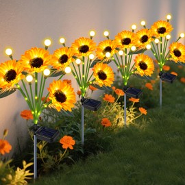 Solar Garden Lights Outdoor - Upgraded 4 Pack Solar Firefly Lights with Solar Sunflowers Outdoor Waterproof Garden Decor for Outside Yard Patio Pathway Lawn, Gardening Gifts for Mom Women Grandma