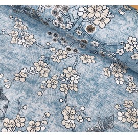 Blue Japanese Sakura Blossom Cherry Floral Twill Curtain Fabric Oriental Furnishing Material - 140cm Wide Textile (Sold by The METRE)