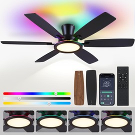 BYKISTOK 55in Black Flush Mount Ceiling Fan - RGB Low Profile Ceiling Fan Light with Remote-APP, Dimmable and 3CCT, Modern Fan with RGB Light for Indoor and Covered Outdoor