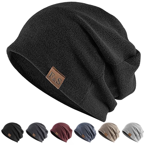 AOY Knit Hat, Men's, Autumn and Winter, (Soft Material, Warm Fleece Lining, Zero Tightness), Knit Hat, Cold Protection, Windproof, Thermal, Soft, Warm, Fluffy, Lightweight, Stretchy, Stylish, Beanie, Knit Cap, For Work or School Commutes, Bicycle, Large Sizes, Unisex, Black