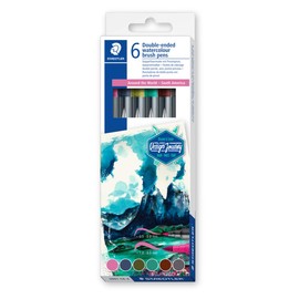 STAEDTLER 3001 C6-4 Water-soluble Double Fibre Tip Pens for Watercolour Effects Two Line Widths Fine Tip and Wide Brush Tip Cardboard Case with 6 Brilliant Colours