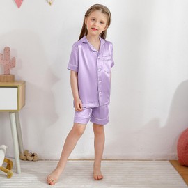 Miyanuby Girls Boys Pyjamas Set Button-up Silk Satin Pajamas Sleepwear Nightwear 2 Pieces Clothes Set Gifts for Baby Girls Boys