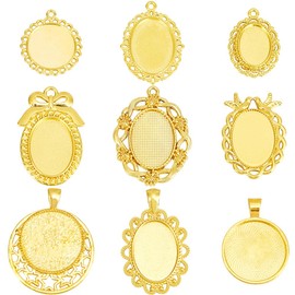 SUNNYCLUE 1 Box 40Pcs 9 Styles Cabochon Pendants Gold Bezel Setting Metal Alloy Vintage Tibetan Oval Round Basic Blanks Trays Cabochons Charm for Jewellery Making Charms Necklace DIY Craft Accessories