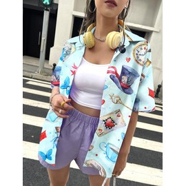 Alice in Wonderland Shirt Women Magic Kingdom Shirts Hawaiian Tshirt Fairy Tale Graphic Holiday Vacation Button up Top Light Blue
