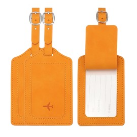 PATIKIL Suitcase Tags, Orange Leather Luggage Name Tags Travel Accessories Airplane Essentials with Private Protection for Flying Hotel Check in Luggage Bags Men Women, 3 Pcs