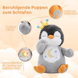 Edencomer Schlummer Cuddly Toy - Snooze Penguin with Simulated Breath, Music and Night Light, Cuddly Toy with Breathing Movement, Accompany Children to Sleep (Grey)