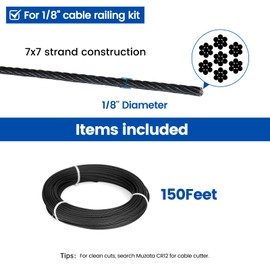 Muzata 150 ft 1/8" Black Stainless Steel Cable Railing System Hardware T316 Stainless Steel Wire Rope 7x7 Strands 1800 lb Breaking Strength Black Cable Railing Kit for Indoor Outdoor WR19