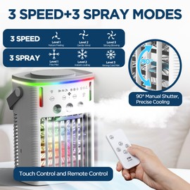 Portable Air Conditioners Small Cooling Fan with 3 Speeds & 3 Modes, Mini Air Conditioner with Remote, 4 in 1 Humidifier+Air Conditioner+Fan+Night Light, Evaporative Air Cooler for Home/Office/bedroom