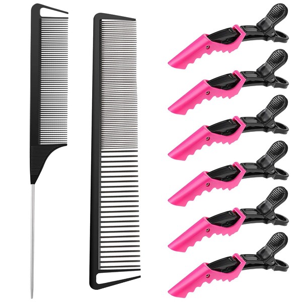 2 Pieces Parting Comb and 6 Pieces Hair Clip, Women Rat Tail Comb Cutting Comb with Wide and Fine Teeth Salon Hairdressing Hair Care Tools