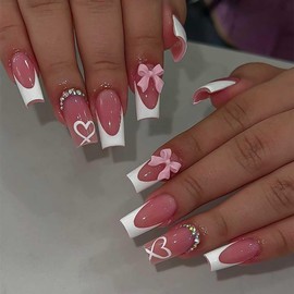 RikView Long Press on Nails Pink Fake Nails French Tips Nails Square Nails Glossy Full Cover Nails for Women 24 PCs/Set