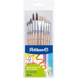 Pelikan 700405 Brush Starter Set – 10‑Piece Pack Includes 5 Pony Hair Brushes & 5 Synthetic Bristle Brushes (Sizes 4–12), FSC®-Certified Handles – Ideal for Hobby, School & Creative Projects