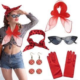 MUFEKUM Rockabilly Accessories Women's 50s Dresses Women's Accessories with Chiffon Scarf Gloves Sunglasses Polka Dot Headband Earrings 50s 60s Outfit Women (Red)